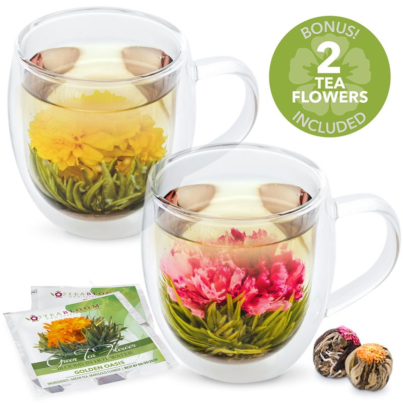 Teabloom Oversized Insulated Borosilicate Glass Mugs (17 oz / 500 ml) â€“ Set Includes 2 Mugs + 2 Blooming Teas â€“ Premium Quality Microwave Safe Glasses - Image 5